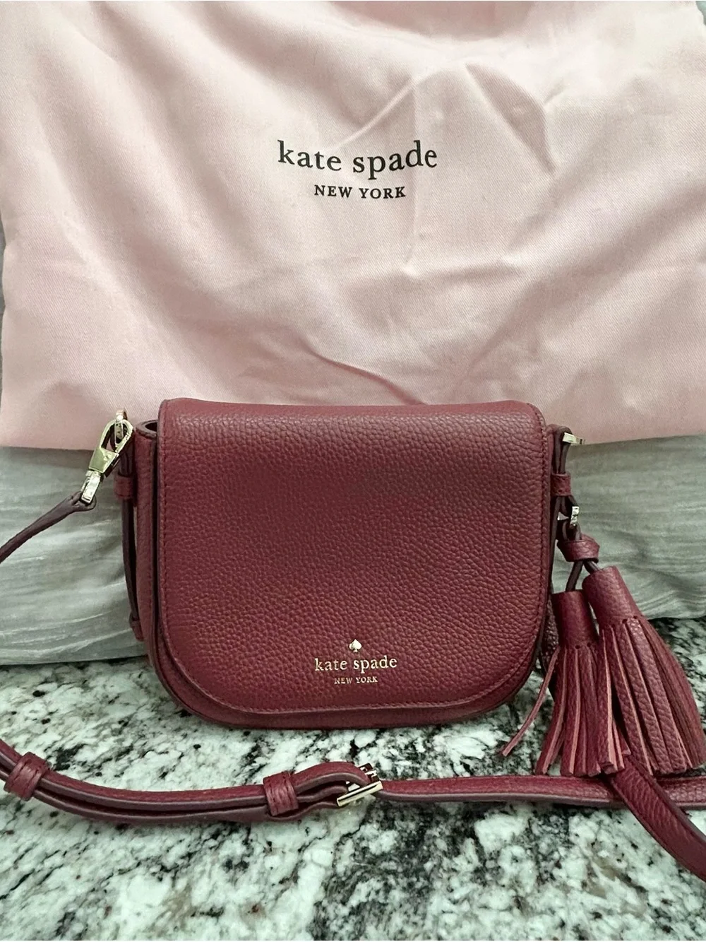 kate spade Burgundy Pebbled Leather Crossbody with Tassel
